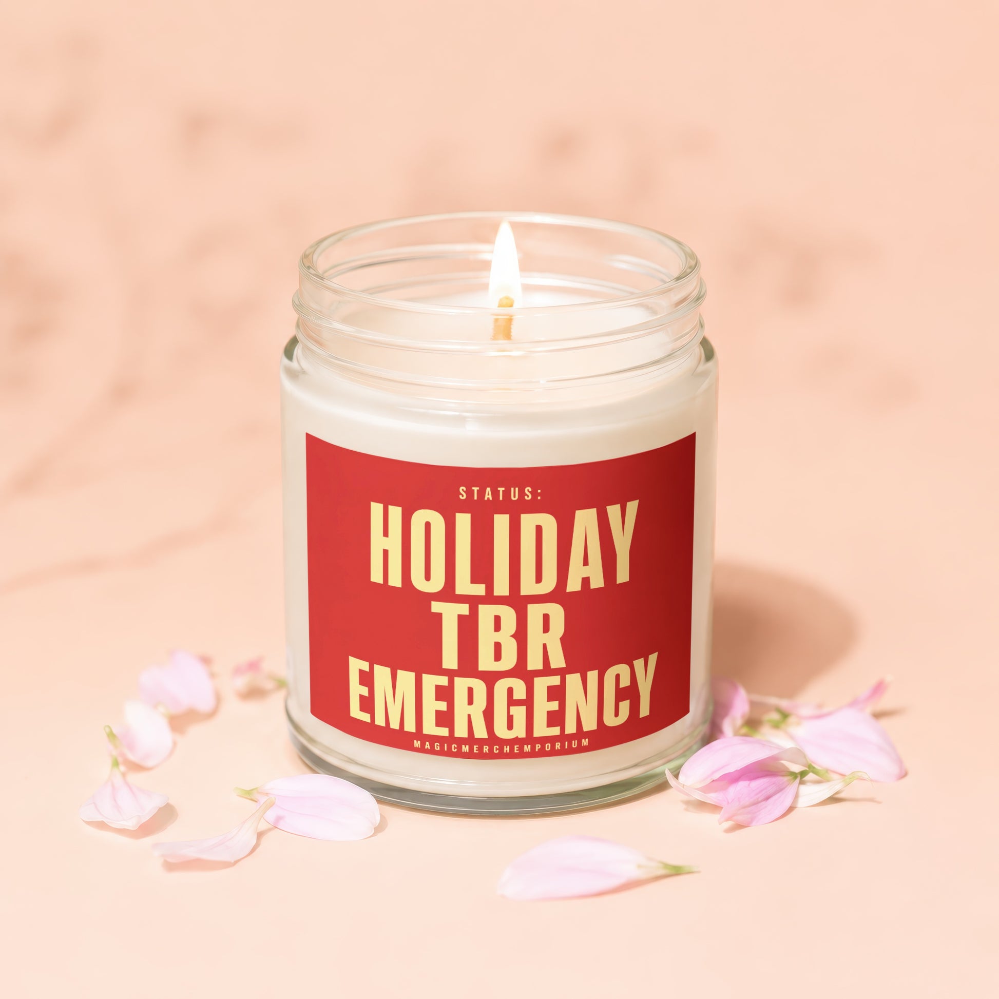 Candle with lit wick, labeled "Holiday TBR Emergency" in gold text.