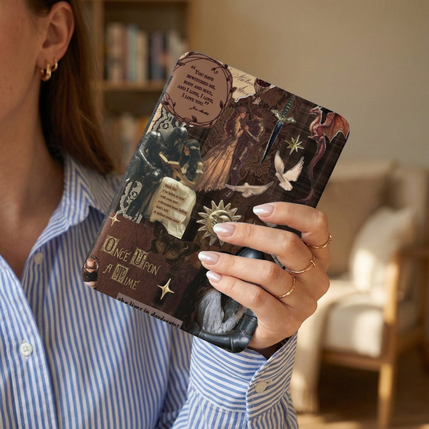 Book cover collage with text "Once Upon A Time," dragons, knights, and doves.
