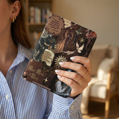 Book cover collage with text "Once Upon A Time," dragons, knights, and doves.