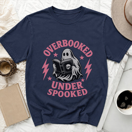 Navy t-shirt with "OVERBOOKED UNDER SPOOKED" text and a ghost reading a book.