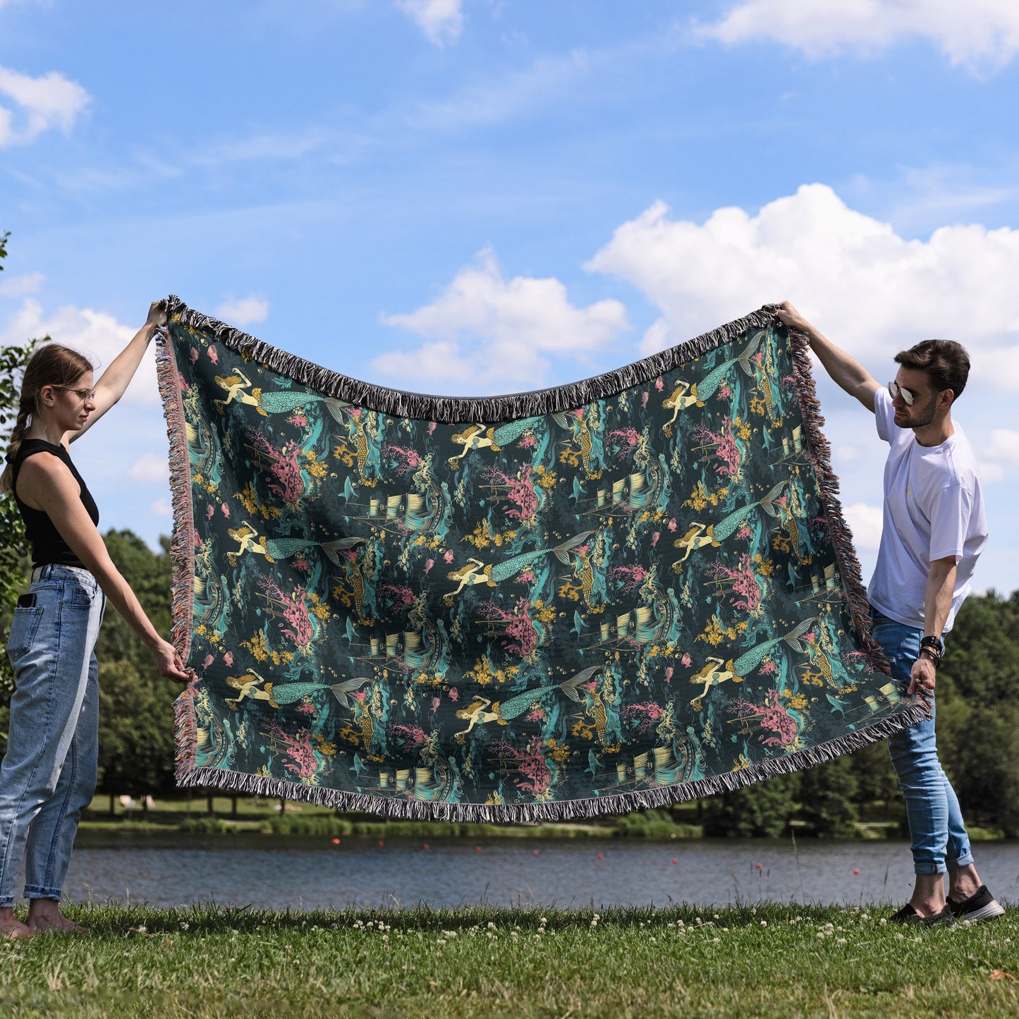 Toile de Jouy Ocean-Themed Woven Blanket 🌊🧜‍♀️