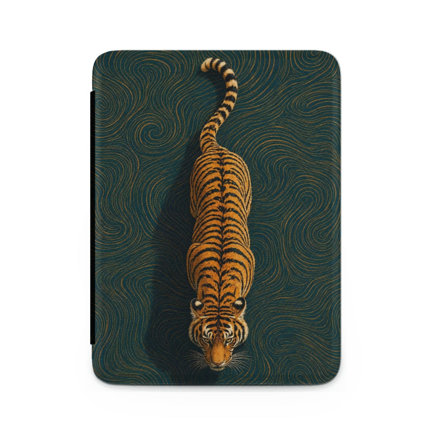 Tiger on a dark teal background with gold swirling pattern.