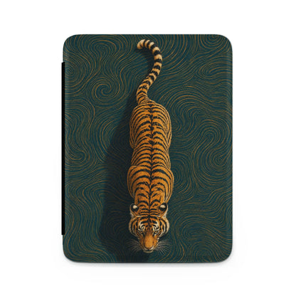 Tiger on a dark teal background with gold swirling pattern.