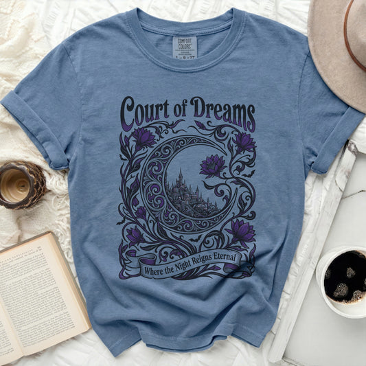 Blue t-shirt with "Court of Dreams" and castle design.