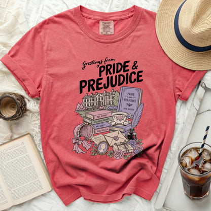 Red t-shirt with "Greetings from Pride & Prejudice" graphic.