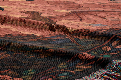 a close-up view of a dragon-themed textile, with a detailed and intricate design of a dragon and its surroundings.