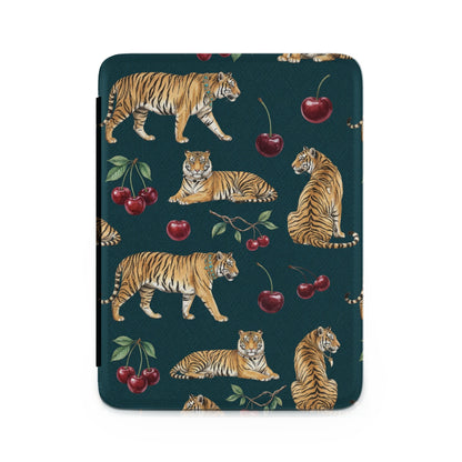 Patterned case with tigers and cherries on a dark green background.