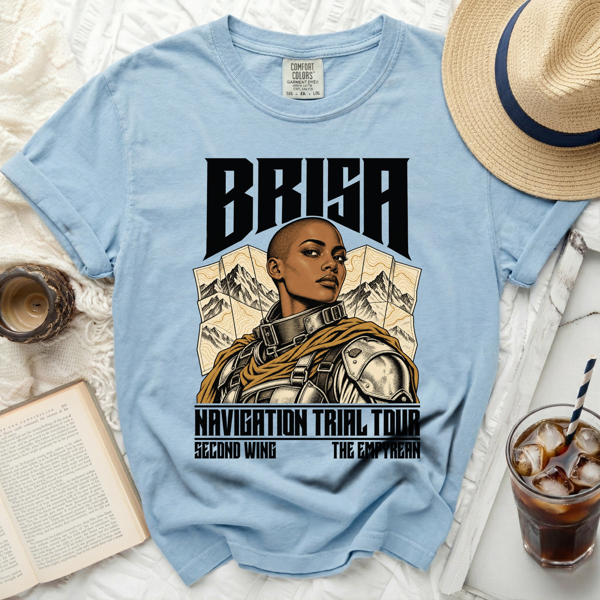 Light blue t-shirt with "BRISA NAVIGATION TRIAL TOUR" text and a woman's portrait.