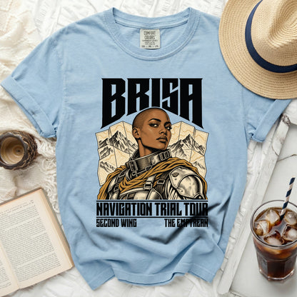 Light blue t-shirt with "BRISA NAVIGATION TRIAL TOUR" text and a woman's portrait.