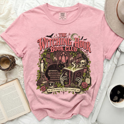 Pink t-shirt with "The Witching Hour Book Club" graphic, black cat, and books.