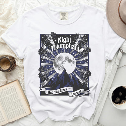 White t-shirt with "Night Triumphant And The Stars Eternal" graphic.