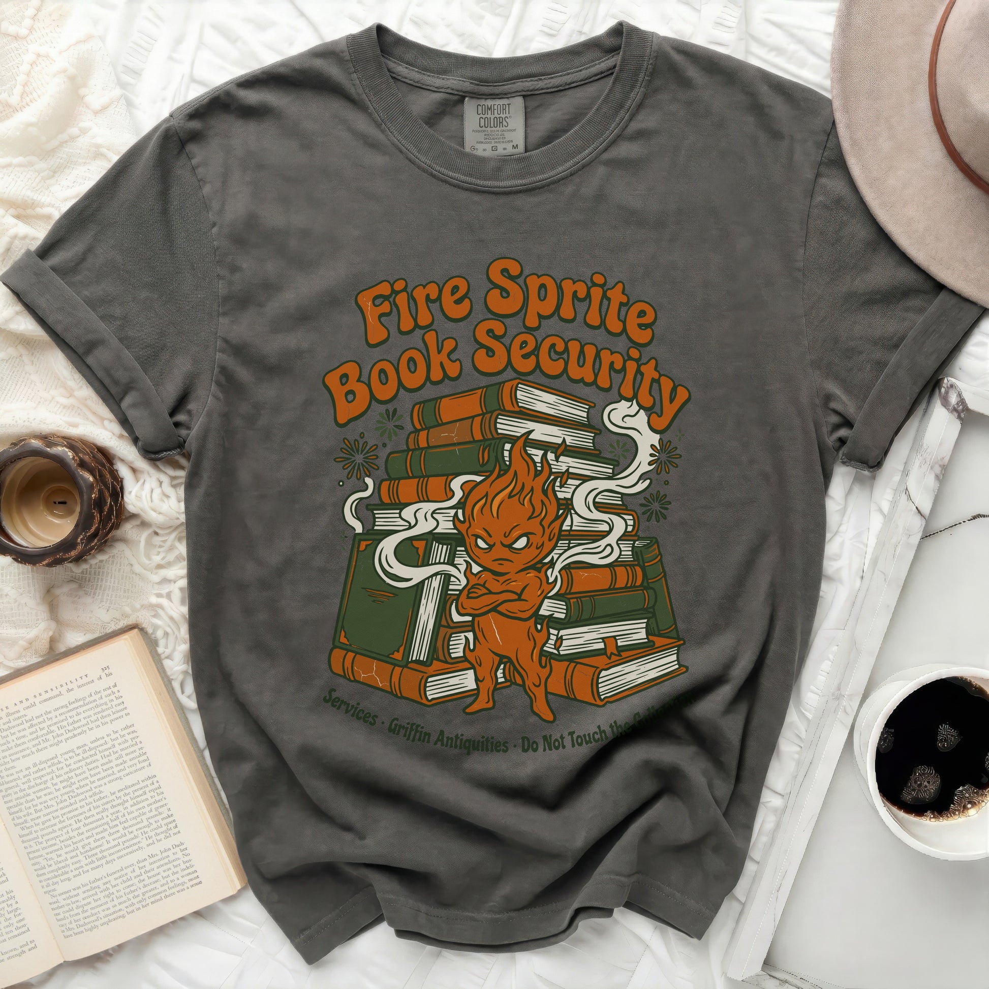 Dark gray t-shirt with a "Fire Sprite Book Security" graphic.