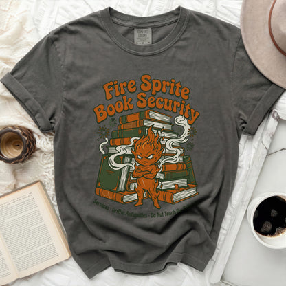 Dark gray t-shirt with a "Fire Sprite Book Security" graphic.