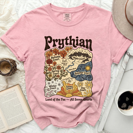 Pink t-shirt with a map graphic showing "Prythian Land of the Fae - All Seven Courts."