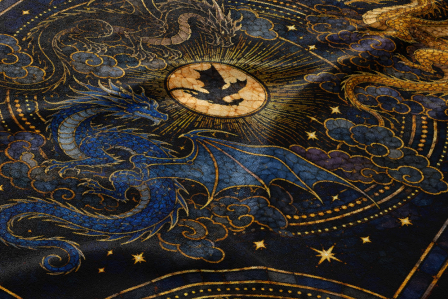 Blue and gold dragons with a stylized moon in a cloudy, starry night sky.