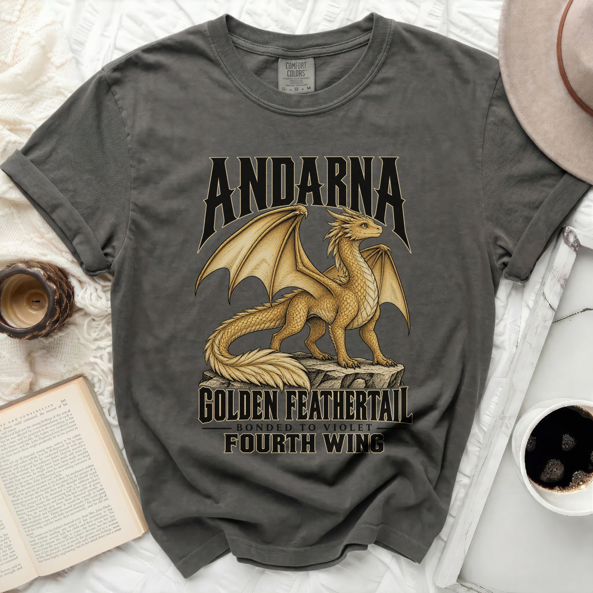 Dark gray t-shirt with "Andarna Golden Feathertail" dragon design.