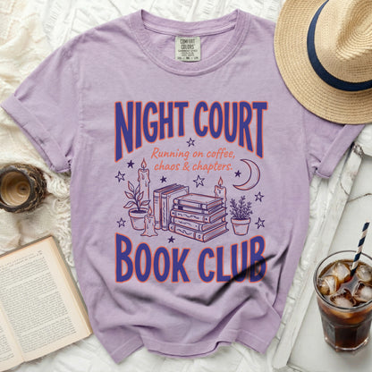 Purple t-shirt with "Night Court Book Club" and reading graphics.