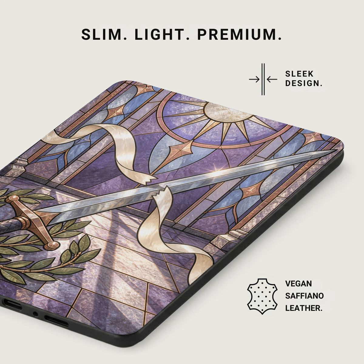 Product case with stained glass design, sword, laurel wreath, and text.