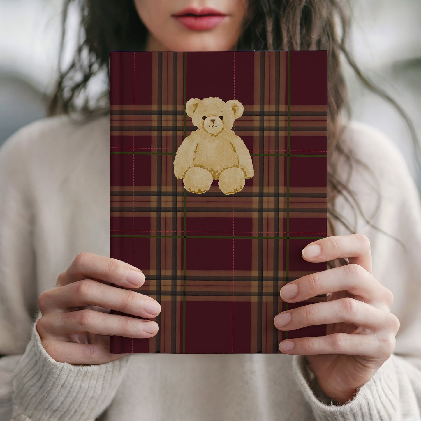 Adorable Teddy Bear Illustration Plaid Design Notebook