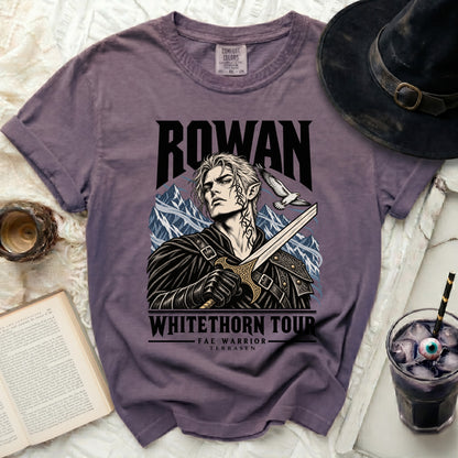Purple t-shirt with "Rowan Whithorn Tour Fae Warrior Terrasen" text and illustration.