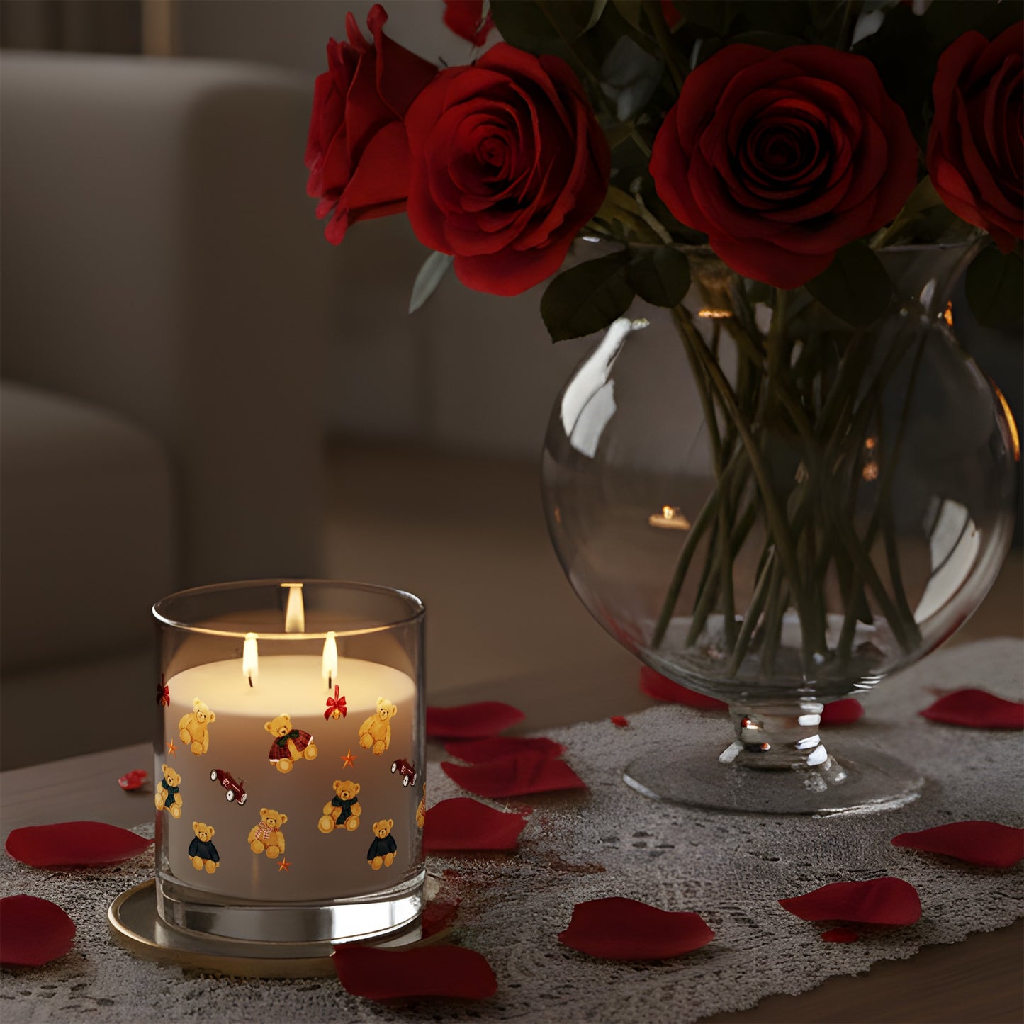 Romantic Candle with Teddy Bears and Red Petals Design