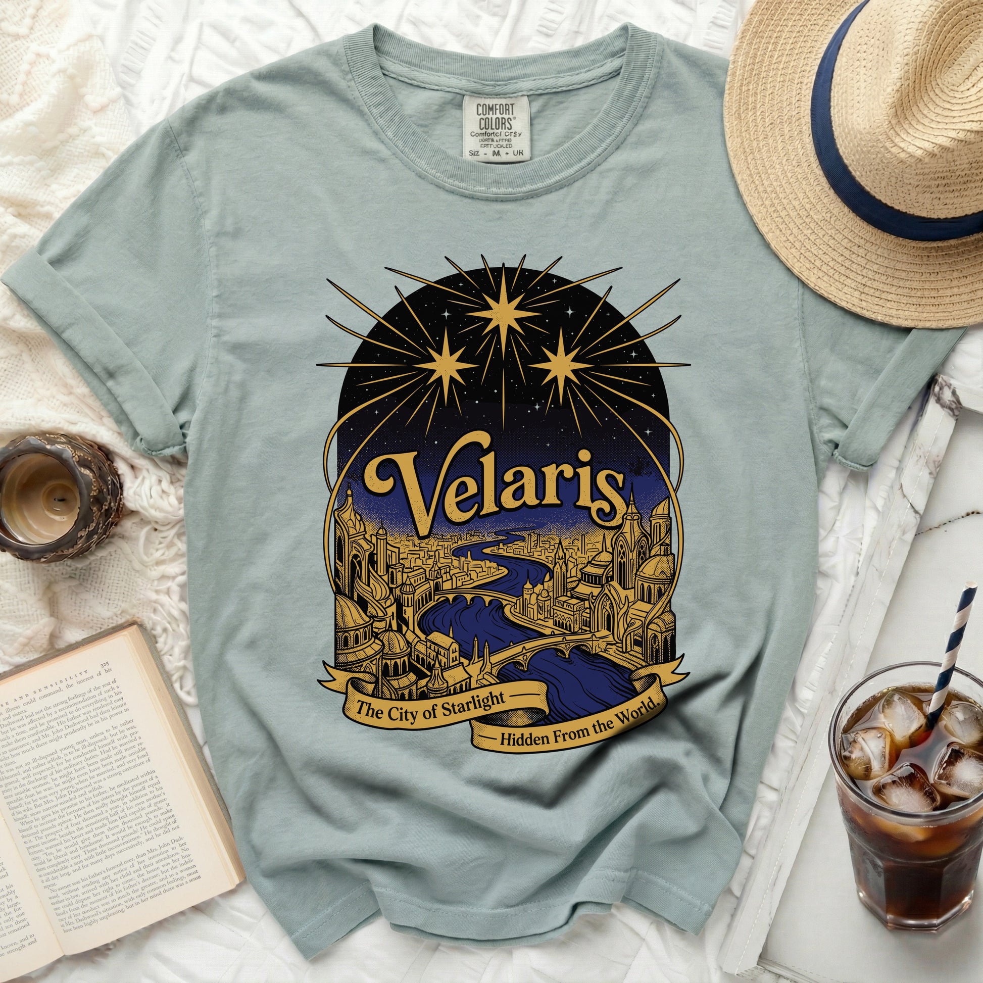 Velaris The City of Starlight graphic t-shirt with celestial design.