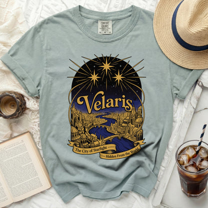 Velaris The City of Starlight graphic t-shirt with celestial design.