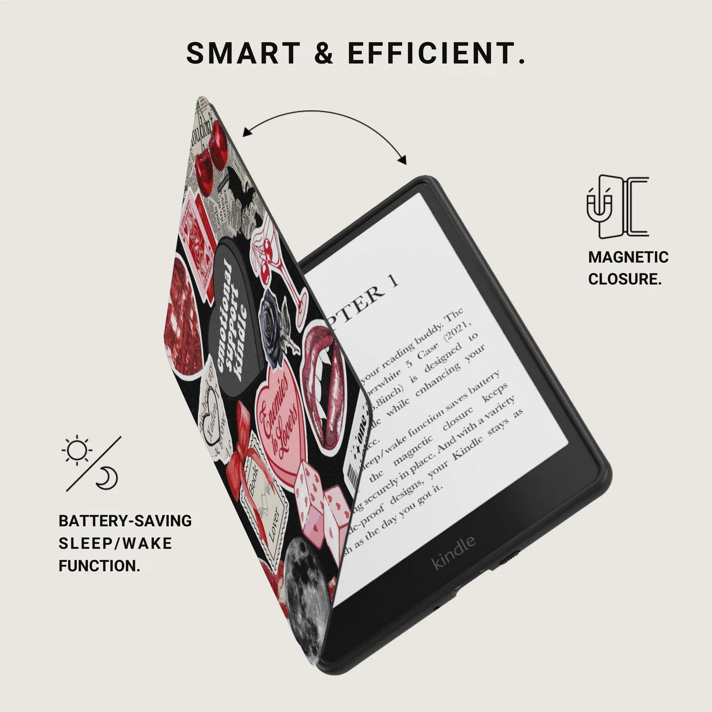 Kindle e-reader with sticker-covered case, magnetic closure, and battery-saving function highlighted.