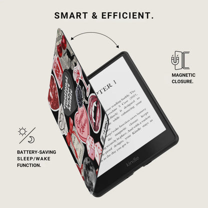 Kindle e-reader with sticker-covered case, magnetic closure, and battery-saving function highlighted.