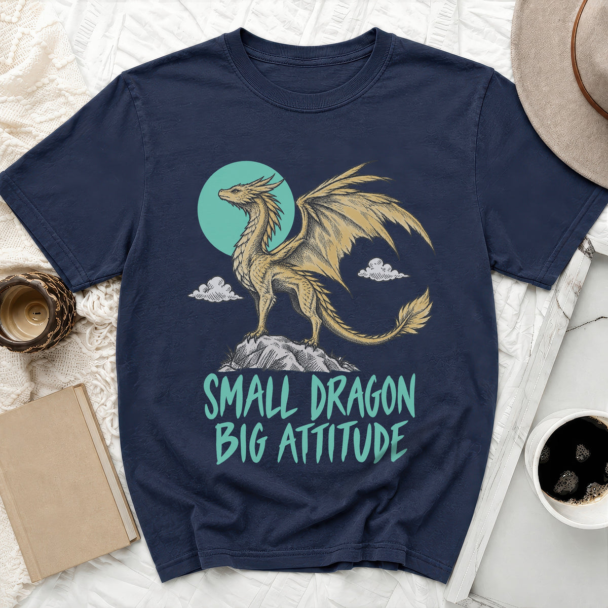 Navy t-shirt with a dragon graphic and text "SMALL DRAGON BIG ATTITUDE".