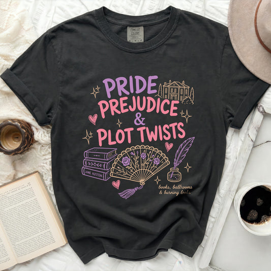 Black t-shirt with "Pride Prejudice & Plot Twists" and Jane Austen graphics.