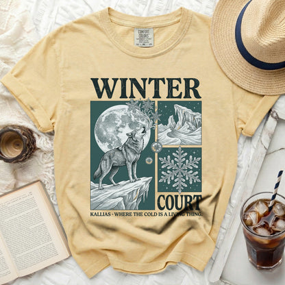 Yellow t-shirt with "WINTER COURT KALLIAS - WHERE THE COLD IS A LIVING THING." graphic.