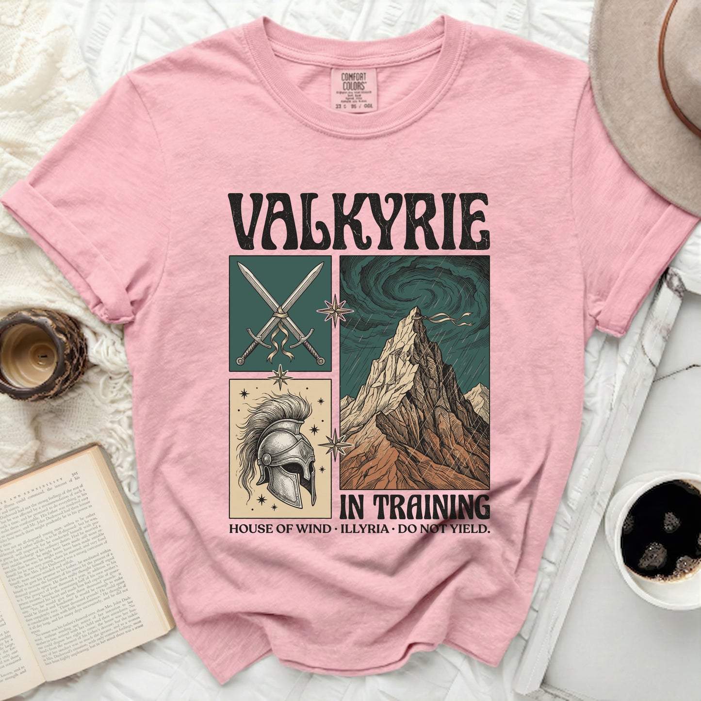 Pink t-shirt with "Valkyrie In Training" graphic and text.