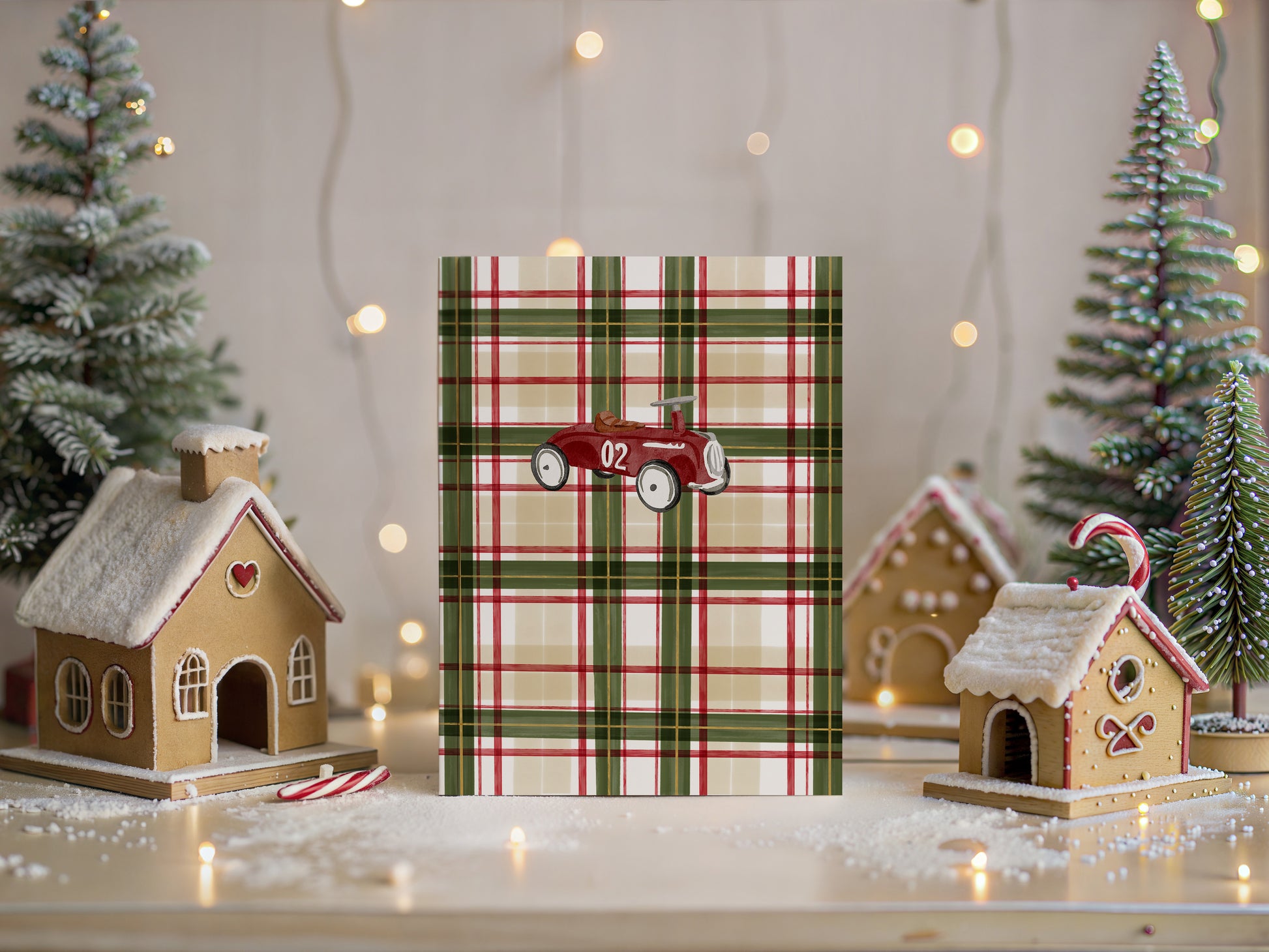 Vintage Red Car on Plaid Background Christmas Card