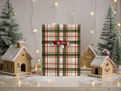 Vintage Red Car on Plaid Background Christmas Card