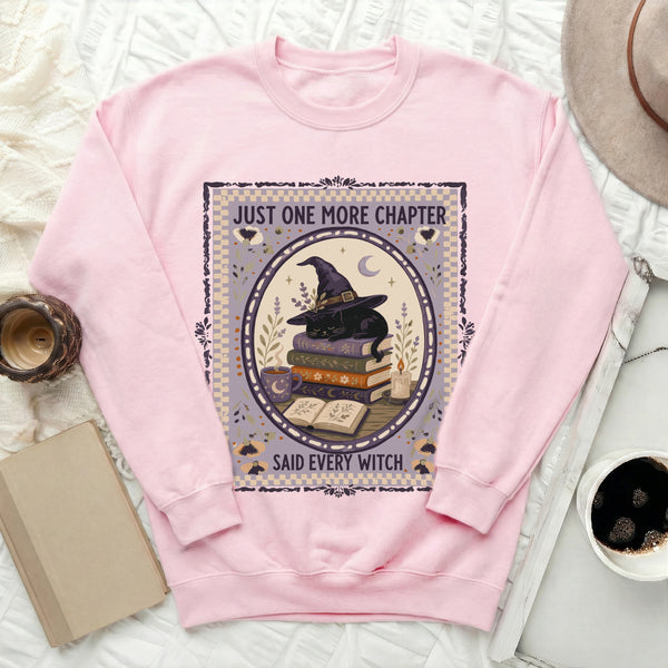 Just One More Chapter Black Cat Sweatshirt in Light Pink