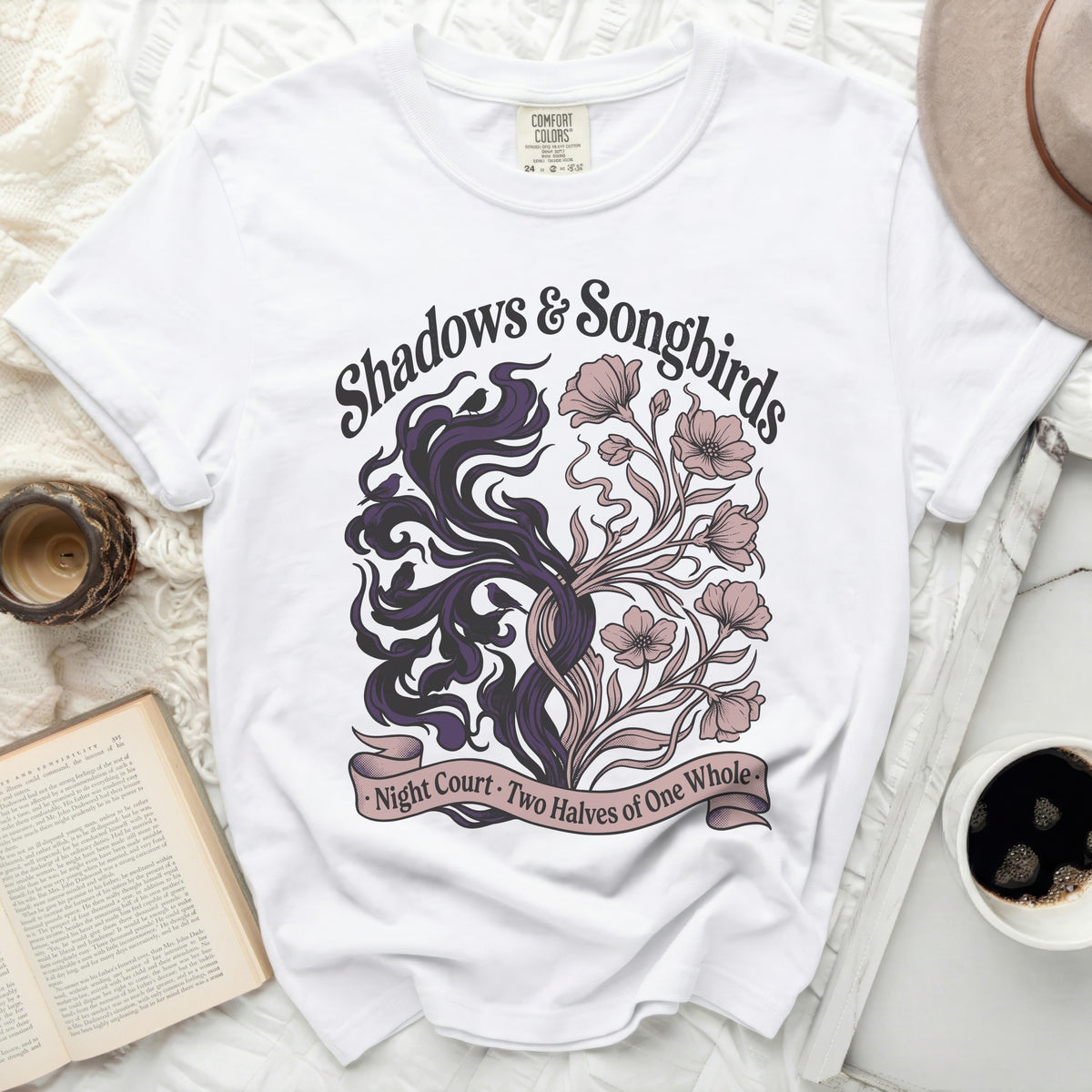 White t-shirt with "Shadows & Songbirds" graphic and "Night Court · Two Halves of One Whole" text.
