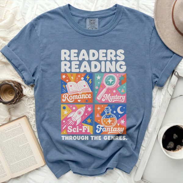 Readers Reading Genres Tee in Blue Jean