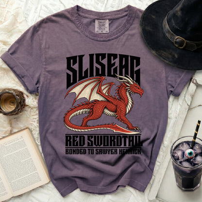 Purple t-shirt with a red dragon graphic and text "SLISEAG RED SWORDTAIL BONDED TO SAWYER HENRICK".