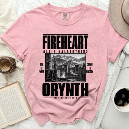 Pink t-shirt with "Fireheart Aelin Galathynius Orynth The Homecoming Tour" text and castle graphic.
