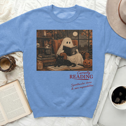 Ghost reading "Ghost Stories" with a black cat and spooky Halloween graphics.