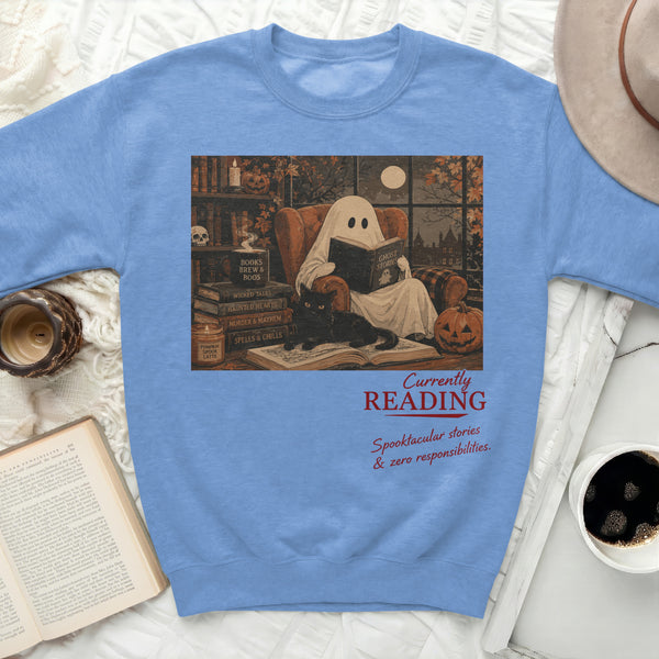 Cozy Ghost Reading Sweatshirt in Carolina Blue