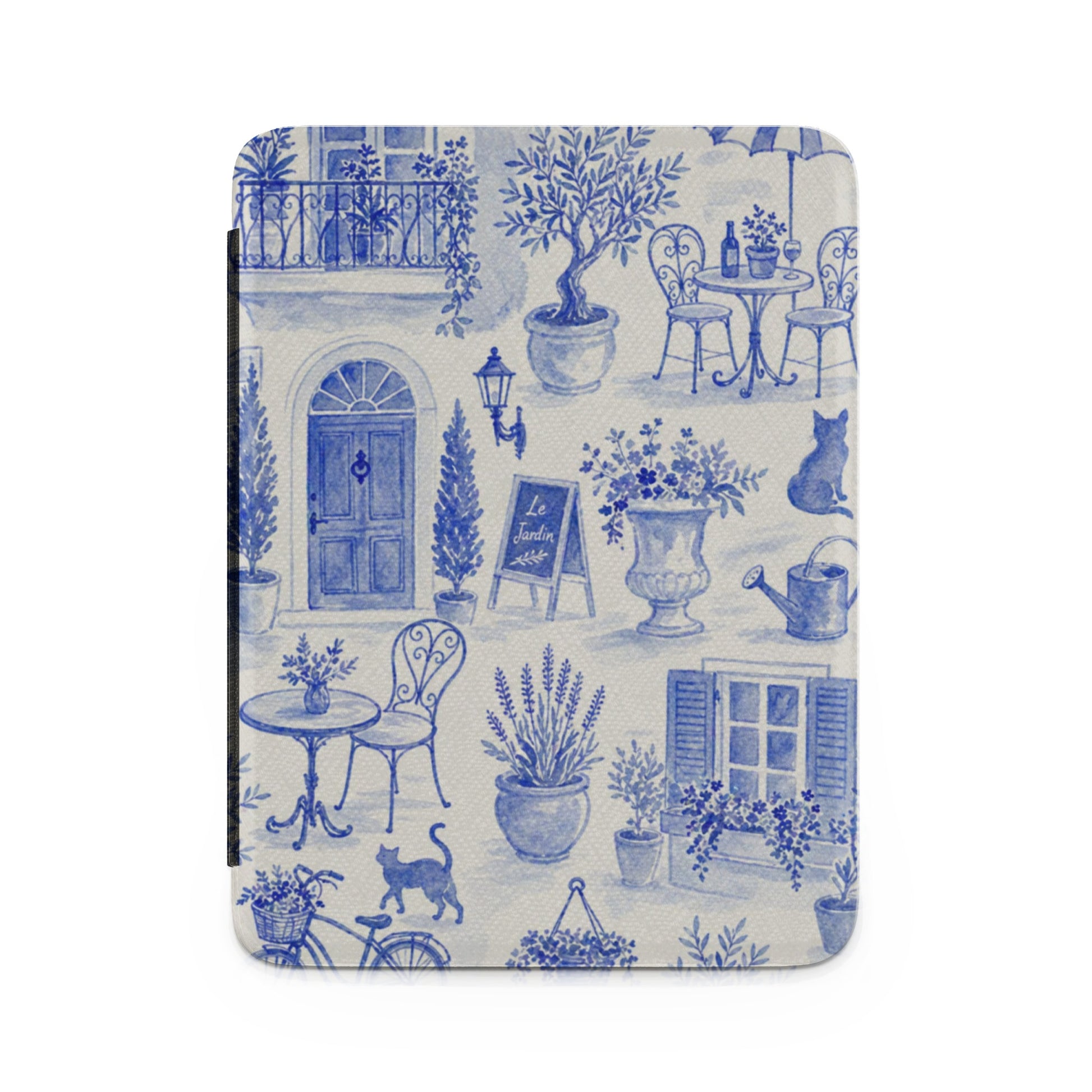 Blue and white watercolor pattern of a French garden with cats and a bicycle.