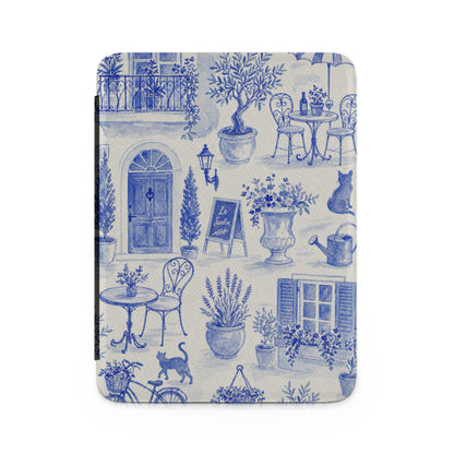 Blue and white watercolor pattern of a French garden with cats and a bicycle.