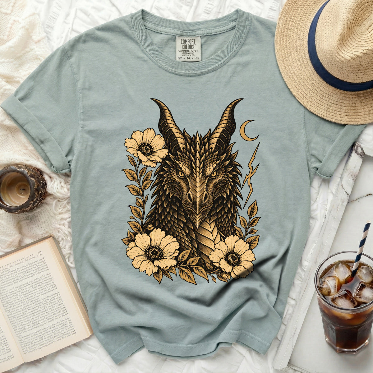 Blue t-shirt with a dragon and flowers graphic, size M, Comfort Colors brand.