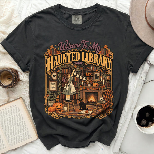 Haunted Library Cat Tee in Black