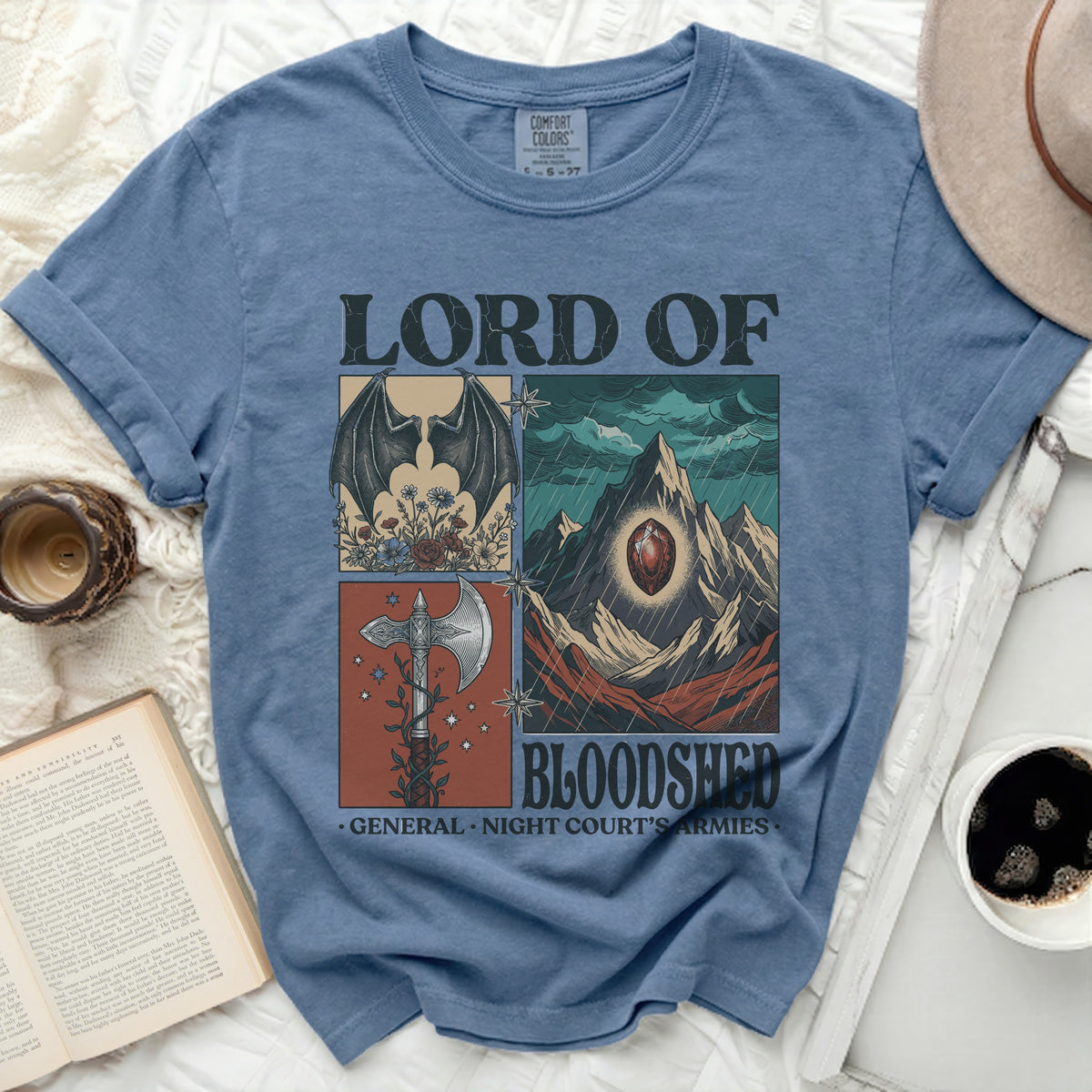 Blue t-shirt with "Lord of Bloodshed" and fantasy art.