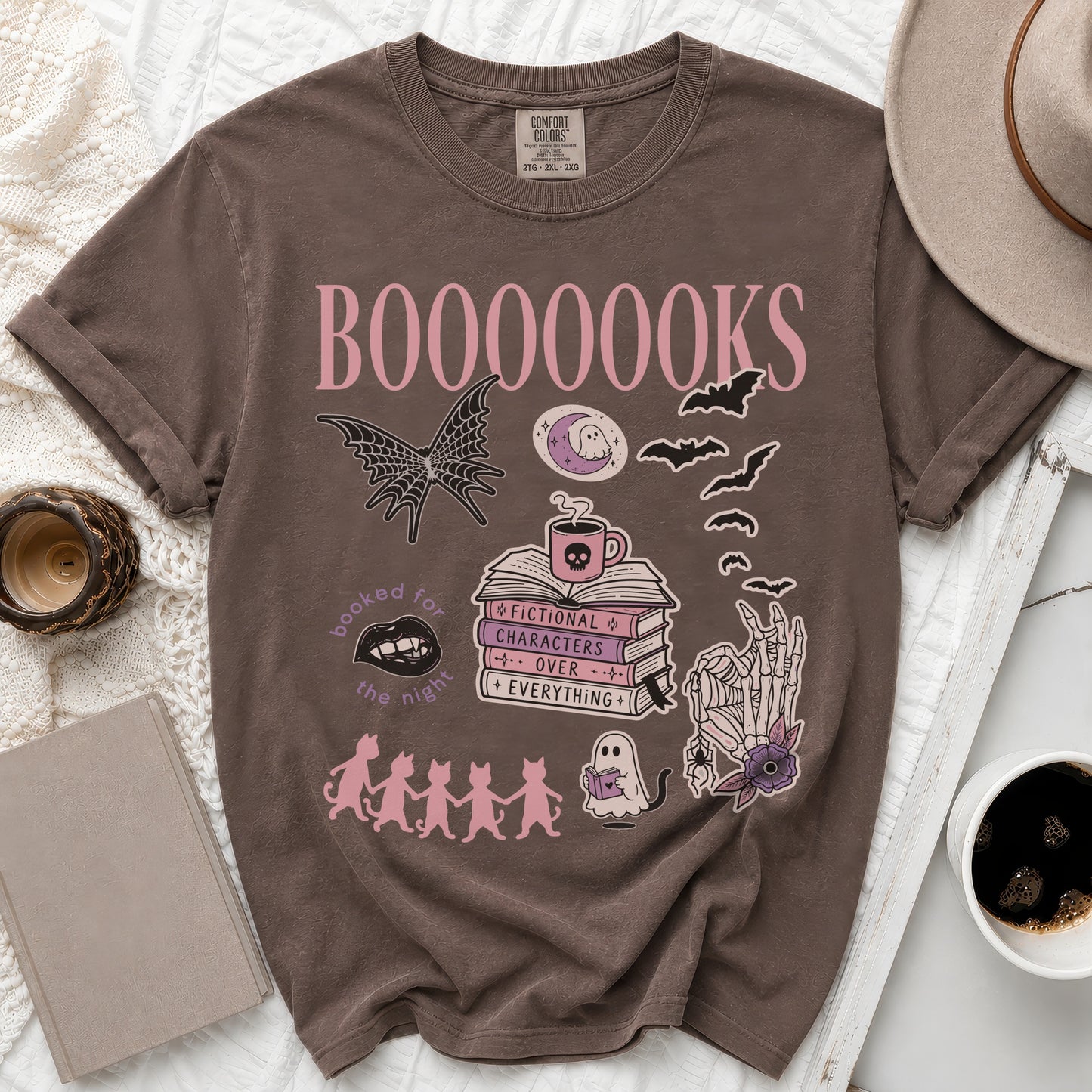 Brown Comfort Colors t-shirt with "BOOOOOOKS, Fictional Characters Over Everything" graphic.