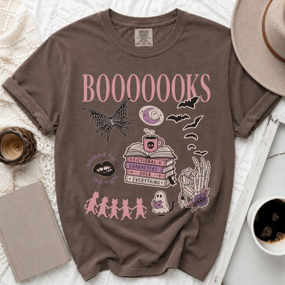 Brown Comfort Colors t-shirt with "BOOOOOOKS, Fictional Characters Over Everything" graphic.