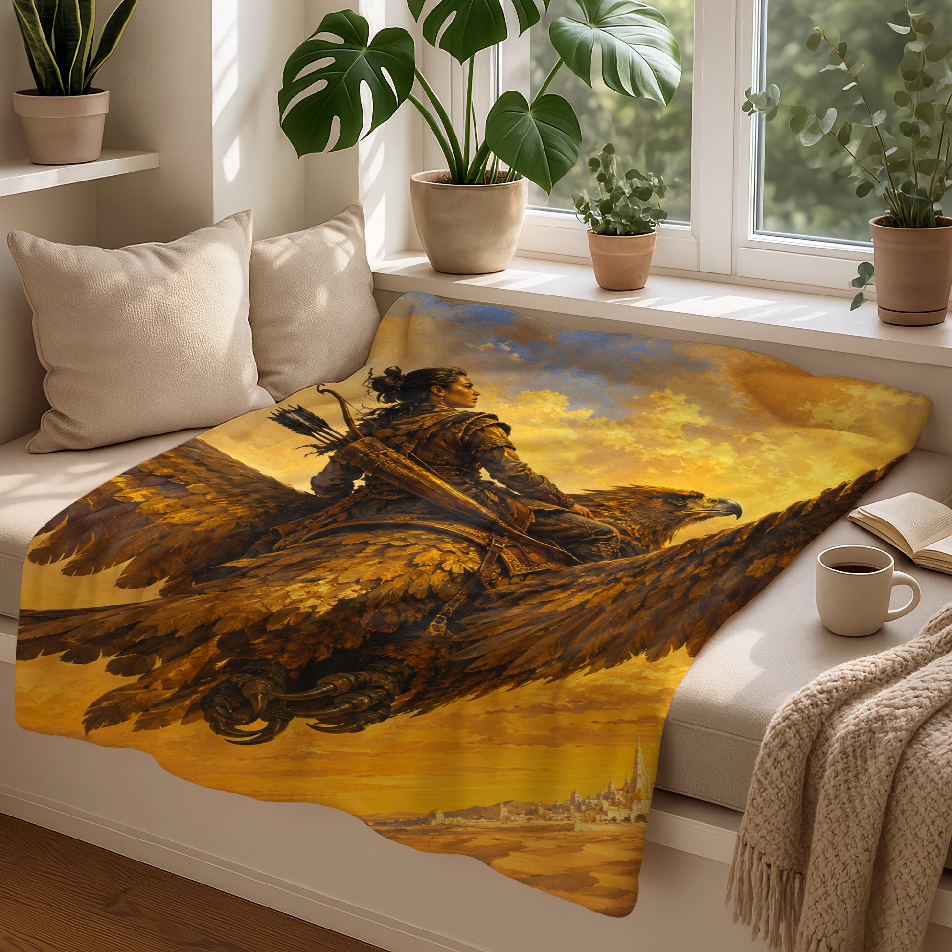 Fantasy art blanket: Woman archer riding eagle over desert city at sunset.